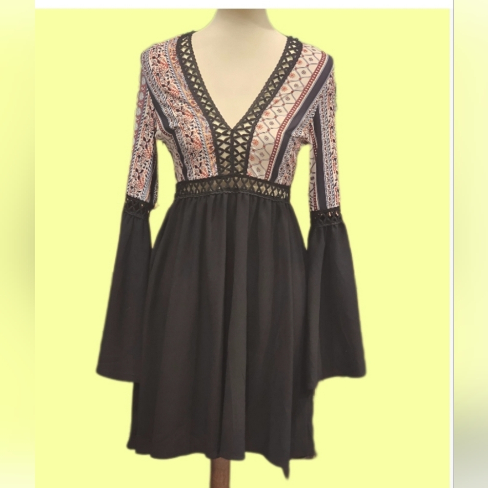 Sexy, A line Dress with Bell Sleeves & Plunging Crochet Neckline.  Size Small